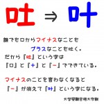 誰でも口からマイナスなこともプラスなことも吐く。だから【吐】という字は「口」と「+」と「－」でできている。マイナスのことを言わなくなると「-」が消えて【叶】という字になる。