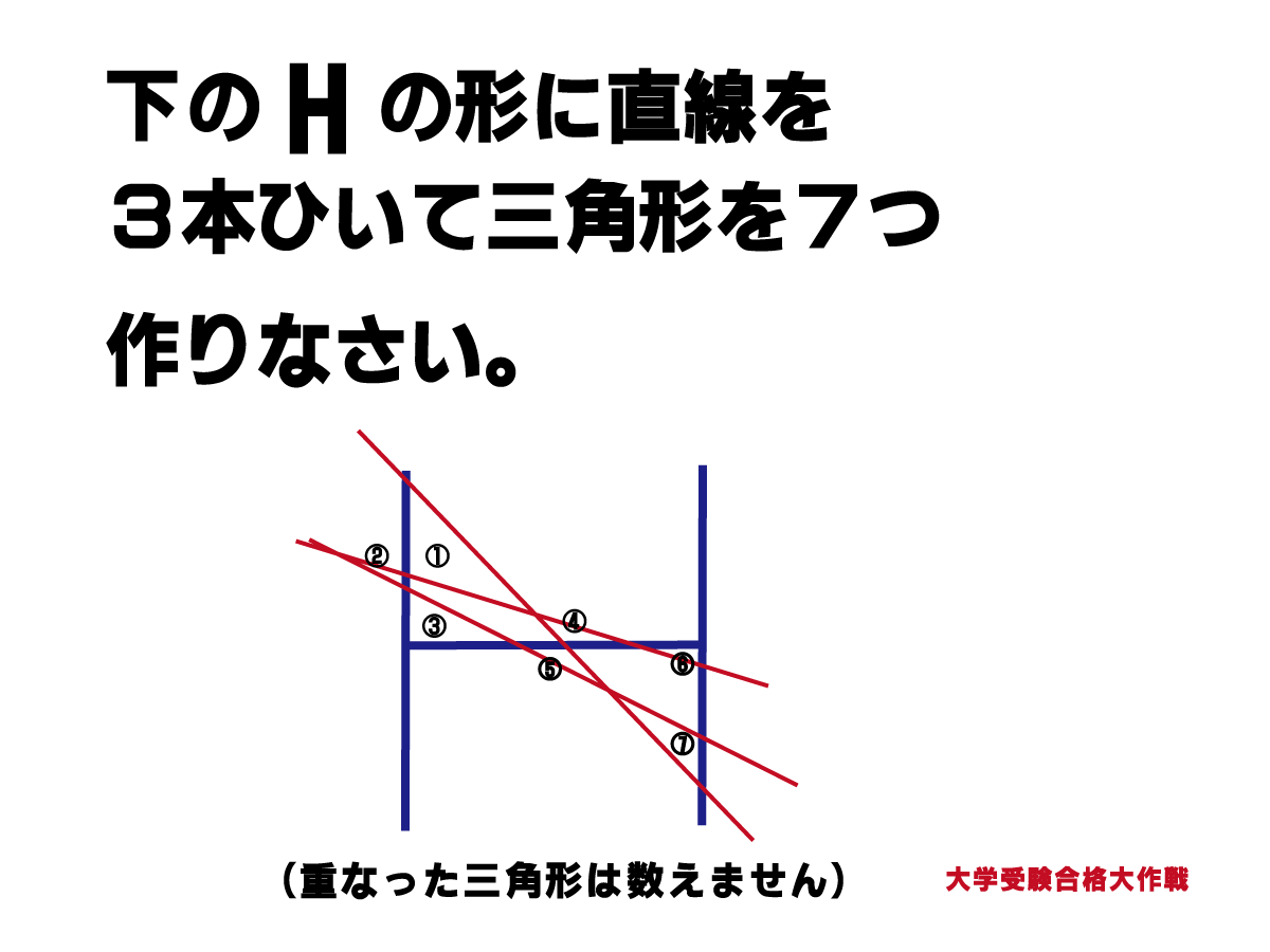【解答編】Hの形に直線を３本ひいて三角形を７つ作りなさい。