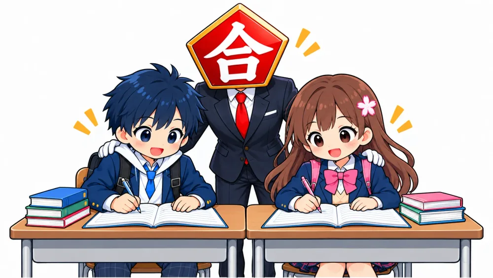 机を並べて勉強するうかるくんとサクラちゃんを、合格先生が後ろから見守っている