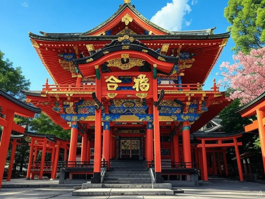 朱色の本殿に金色の「合格」の額がかかった合格神社