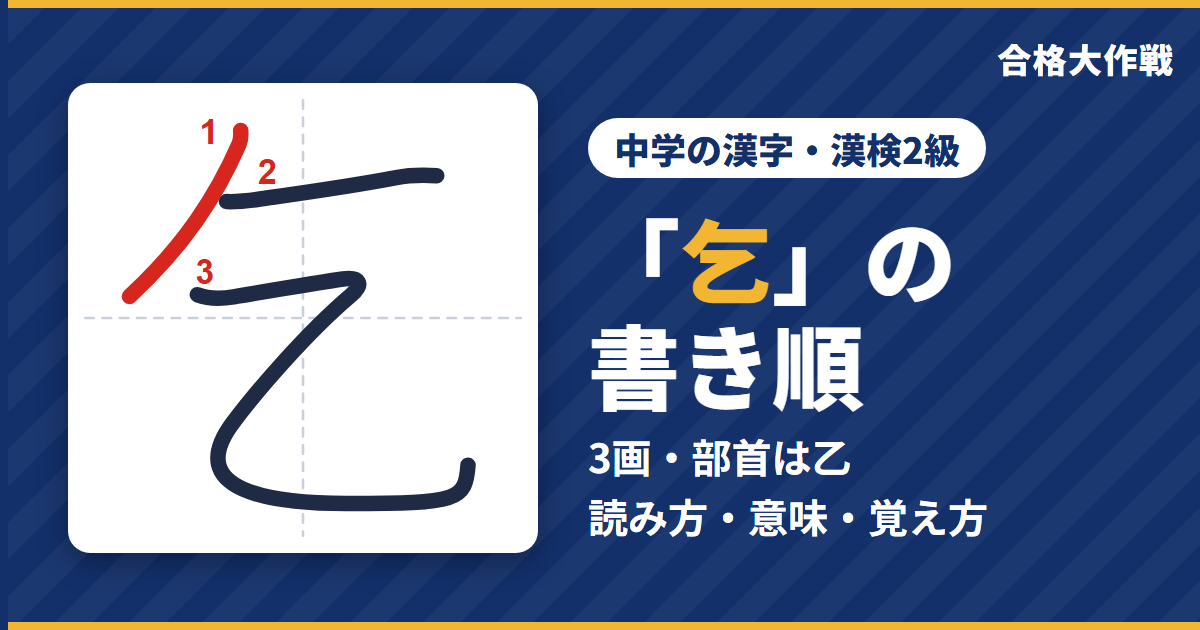「乞」の書き順（筆順）アニメ｜読み方・画数・部首・意味【中学の漢字・漢検2級】