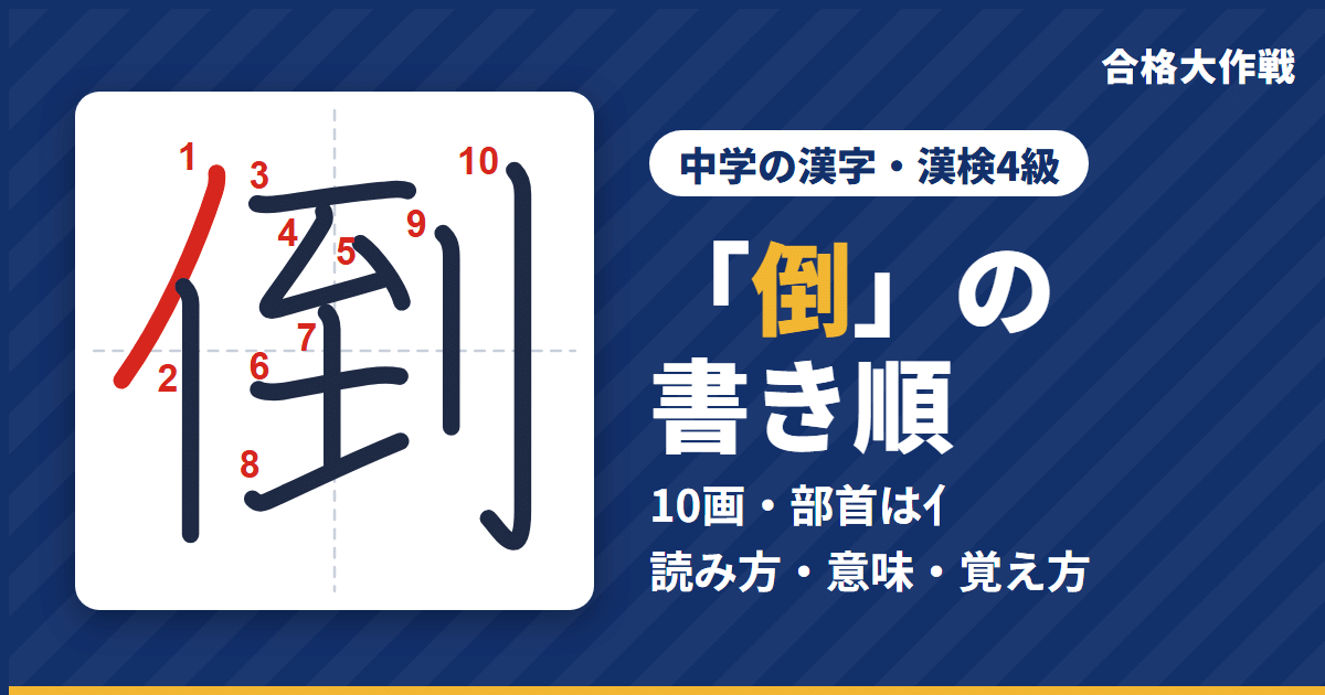 「倒」の書き順（筆順）アニメ｜読み方・画数・部首・意味【中学の漢字・漢検4級】