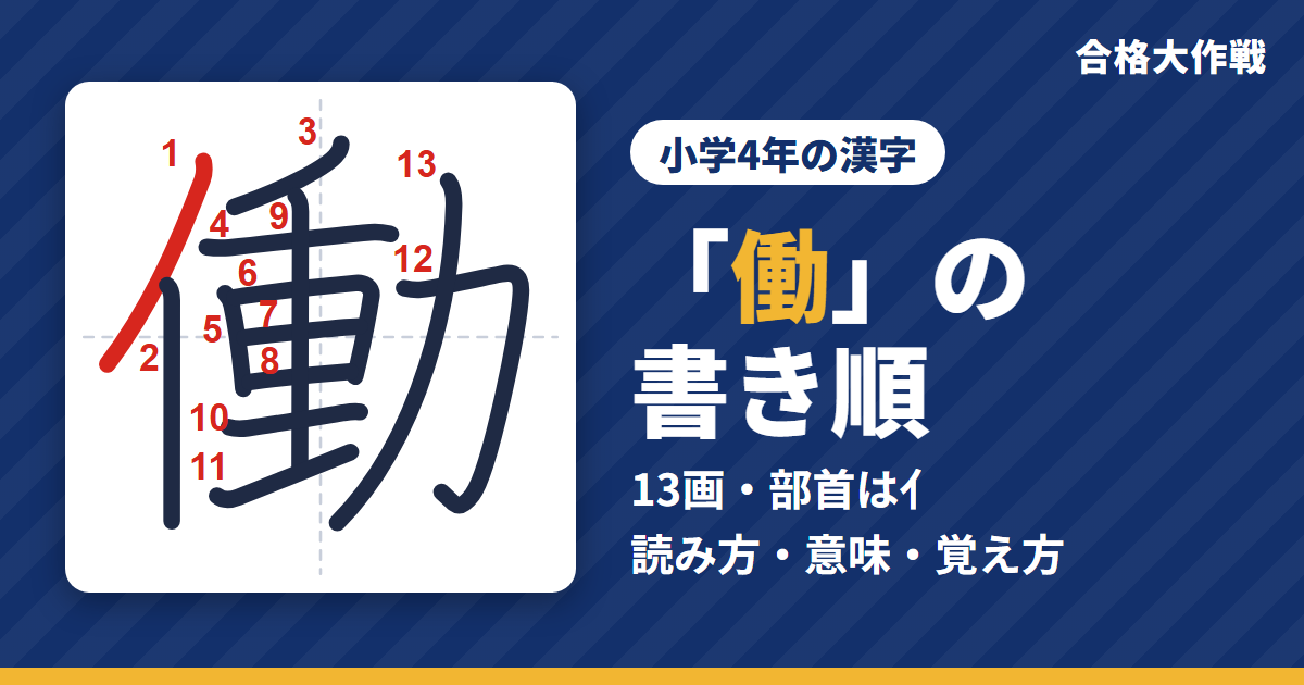 「働」の書き順(筆順)アニメ|読み方・画数・部首・意味【小学4年の漢字】