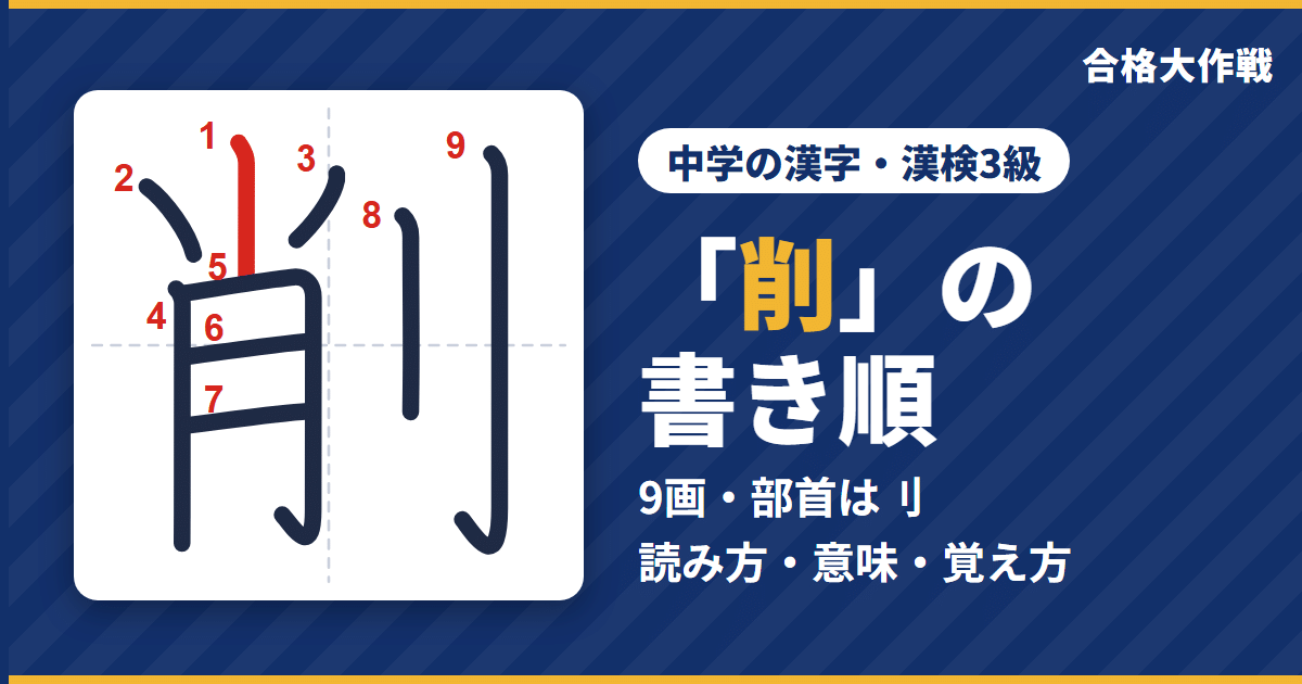「削」の書き順(筆順)アニメ|読み方・画数・部首・意味【中学の漢字・漢検3級】
