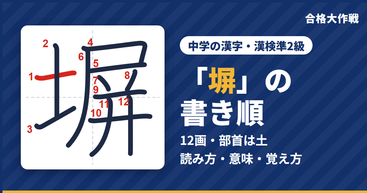 「塀」の書き順(筆順)アニメ|読み方・画数・部首・意味【中学の漢字・漢検準2級】