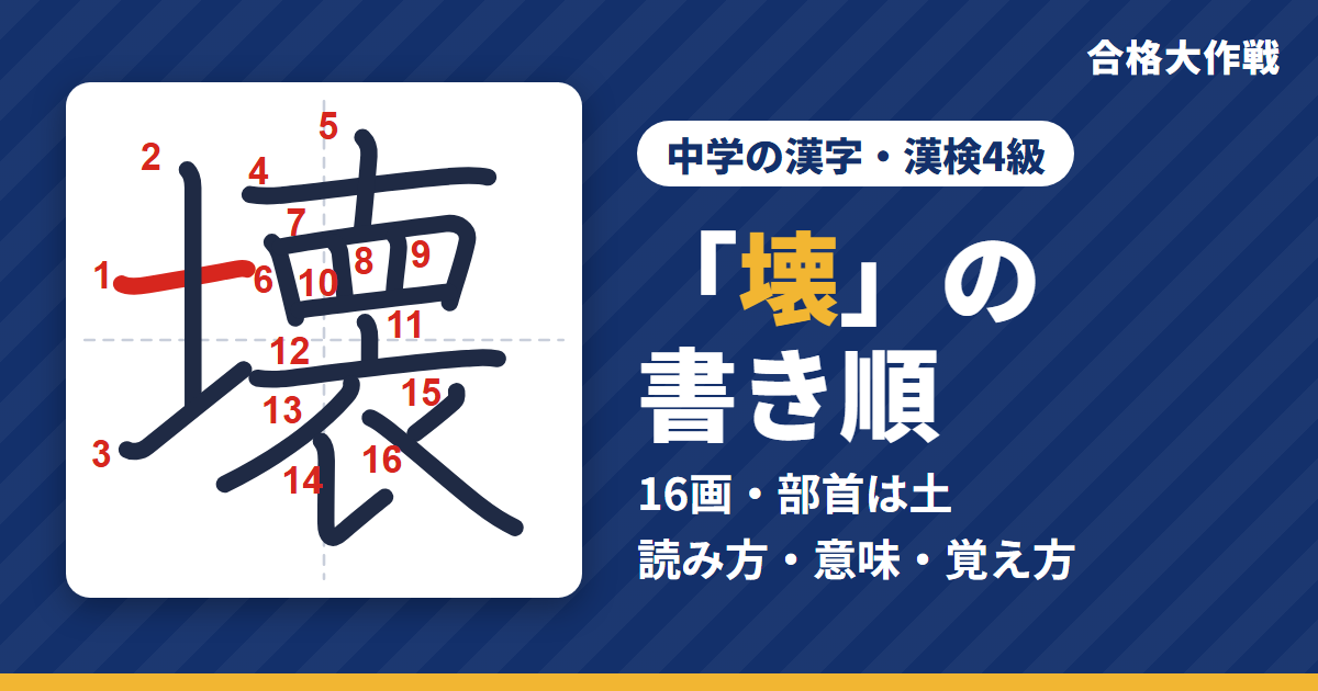 「壊」の書き順（筆順）アニメ｜読み方・画数・部首・意味【中学の漢字・漢検4級】