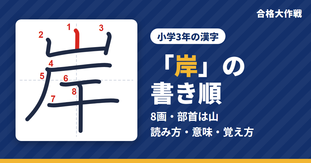 「岸」の書き順(筆順)アニメ|読み方・画数・部首・意味【小学3年の漢字】