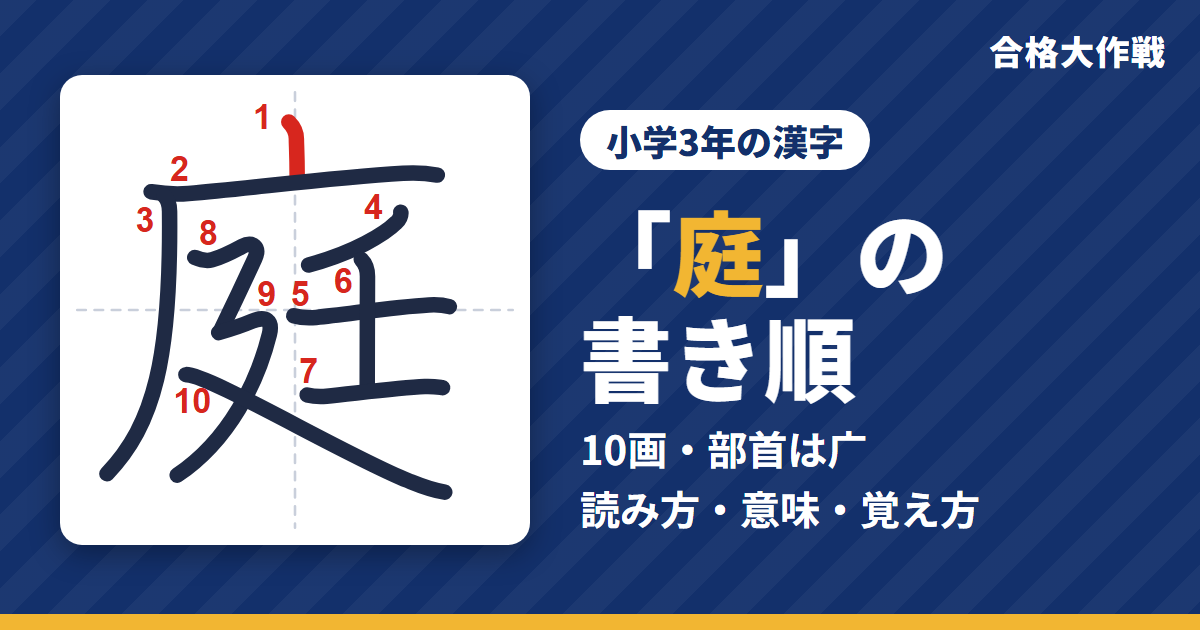 「庭」の書き順(筆順)アニメ|読み方・画数・部首・意味【小学3年の漢字】