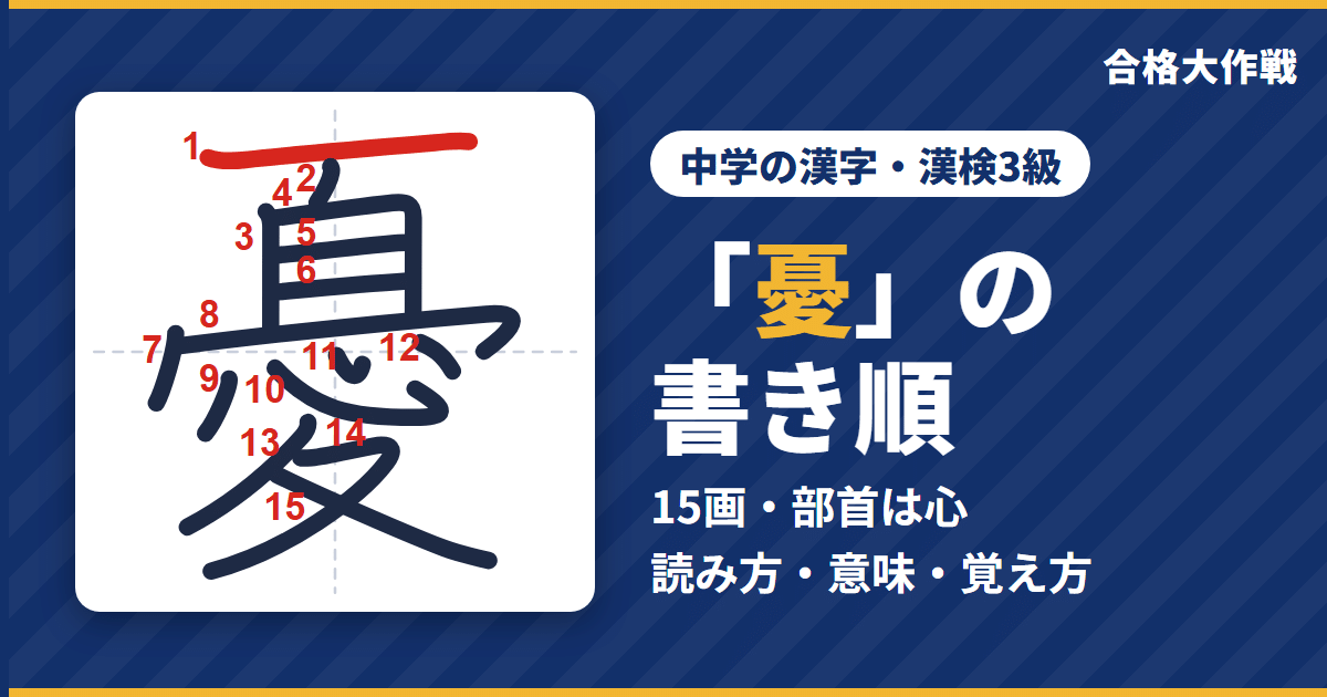 「憂」の書き順(筆順)アニメ|読み方・画数・部首・意味【中学の漢字・漢検3級】