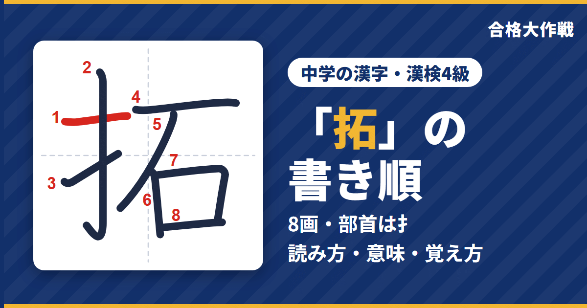 「拓」の書き順(筆順)アニメ|読み方・画数・部首・意味【中学の漢字・漢検4級】
