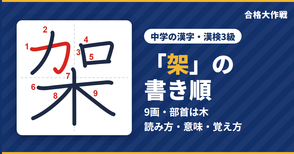 「架」の書き順（筆順）アニメ｜読み方・画数・部首・意味【中学の漢字・漢検3級】