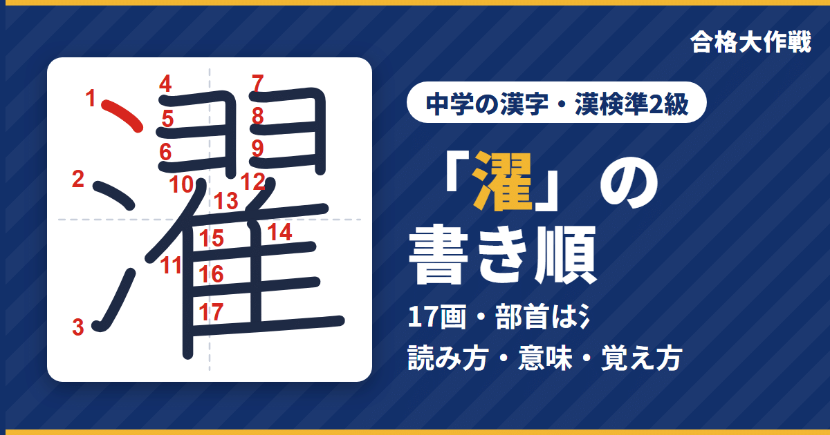 「濯」の書き順(筆順)アニメ|読み方・画数・部首・意味【中学の漢字・漢検準2級】