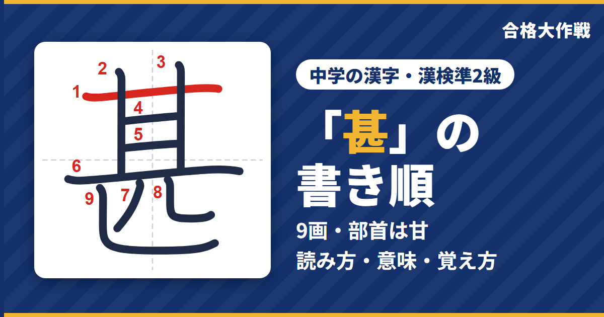 「甚」の書き順（筆順）アニメ｜読み方・画数・部首・意味【中学の漢字・漢検準2級】