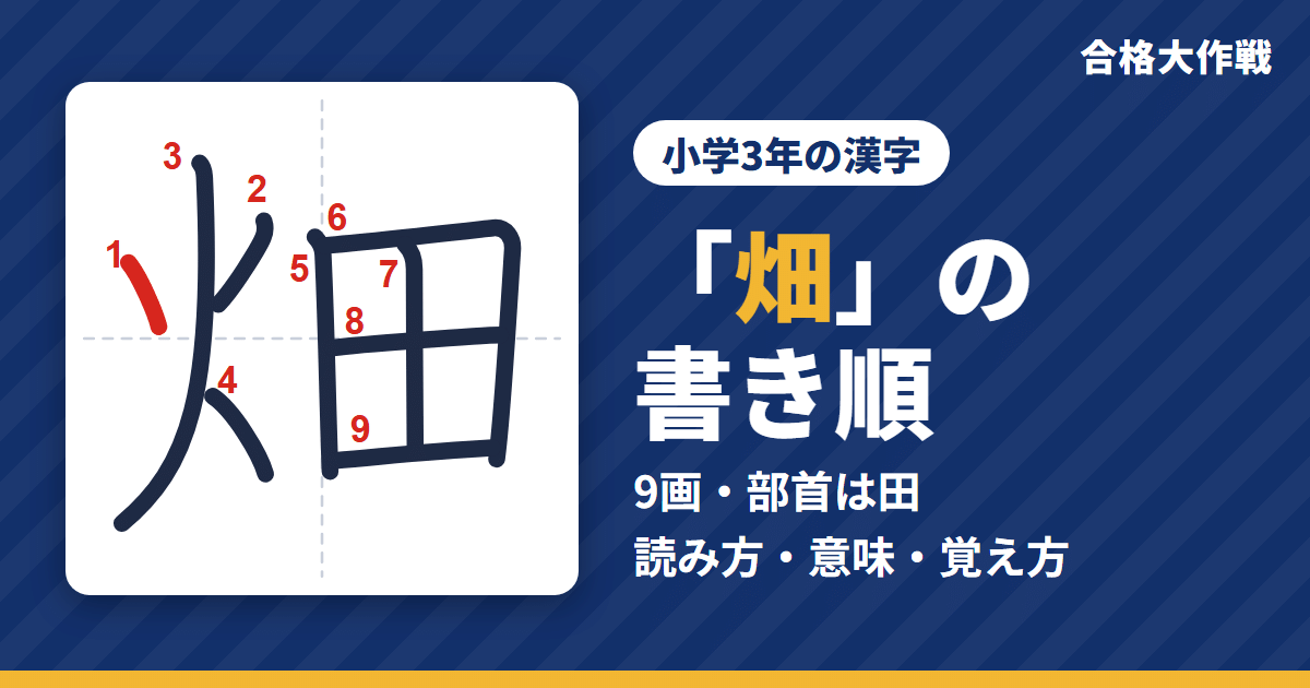 「畑」の書き順(筆順)アニメ|読み方・画数・部首・意味【小学3年の漢字】