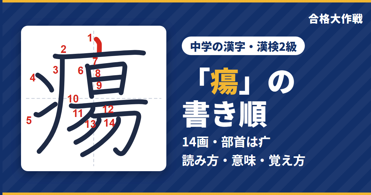 「瘍」の書き順(筆順)アニメ|読み方・画数・部首・意味【中学の漢字・漢検2級】