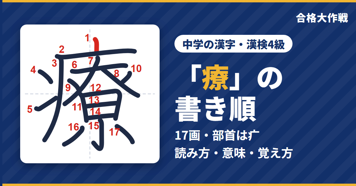 「療」の書き順（筆順）アニメ｜読み方・画数・部首・意味【中学の漢字・漢検4級】