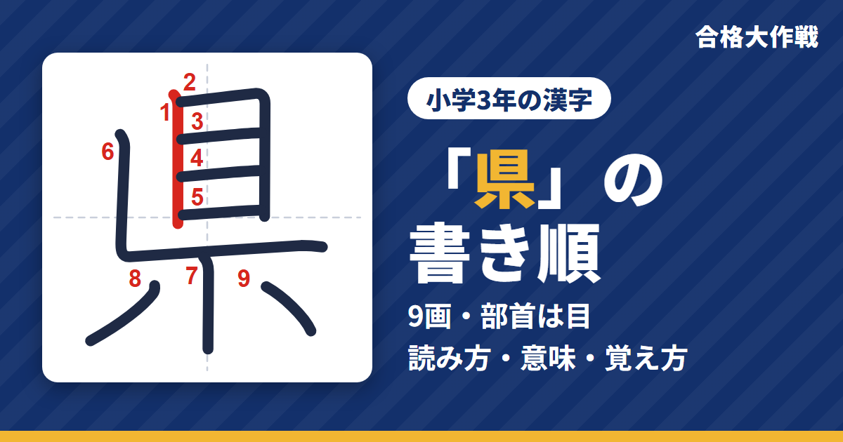 「県」の書き順（筆順）アニメ｜読み方・画数・部首・意味【小学3年の漢字】