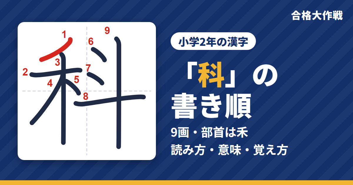 「科」の書き順(筆順)アニメ|読み方・画数・部首・意味【小学2年の漢字】