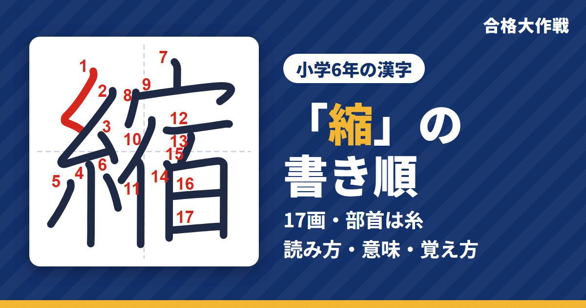 「縮」の書き順(筆順)アニメ|読み方・画数・部首・意味【小学6年の漢字】