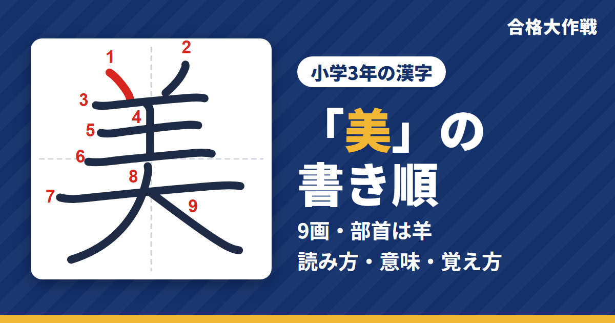 「美」の書き順(筆順)アニメ|読み方・画数・部首・意味【小学3年の漢字】