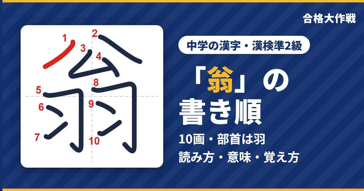 「翁」の書き順(筆順)アニメ|読み方・画数・部首・意味【中学の漢字・漢検準2級】