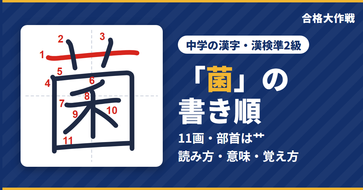 「菌」の書き順(筆順)アニメ|読み方・画数・部首・意味【中学の漢字・漢検準2級】