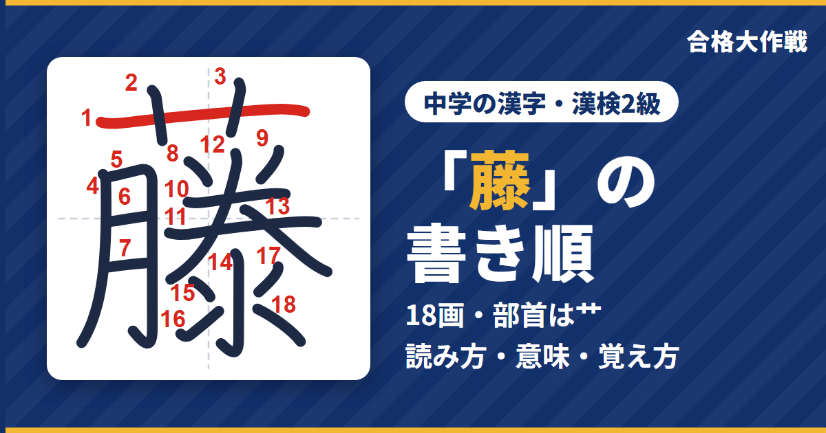 「藤」の書き順(筆順)アニメ|読み方・画数・部首・意味【中学の漢字・漢検2級】