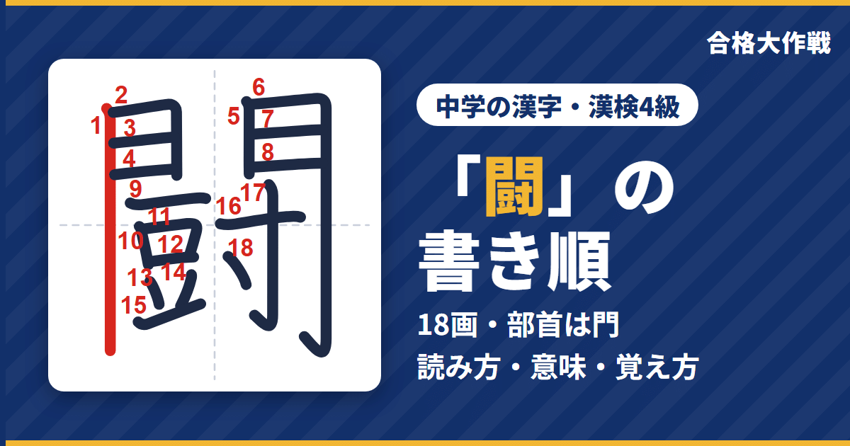 「闘」の書き順（筆順）アニメ｜読み方・画数・部首・意味【中学の漢字・漢検4級】