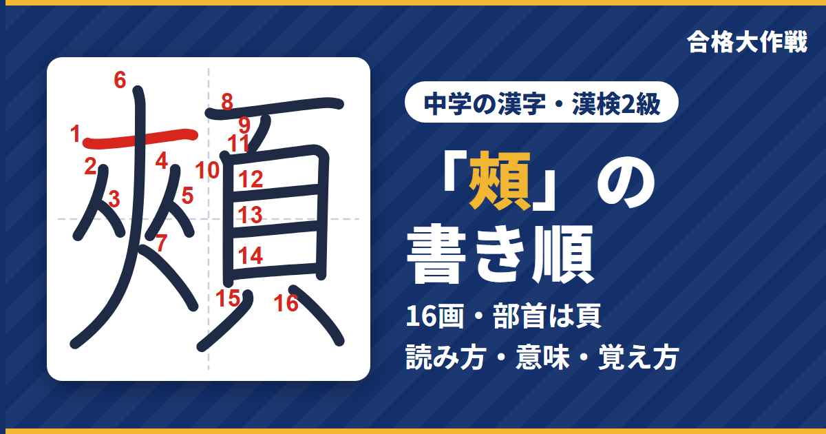 「頰」の書き順(筆順)アニメ|読み方・画数・部首・意味【中学の漢字・漢検2級】