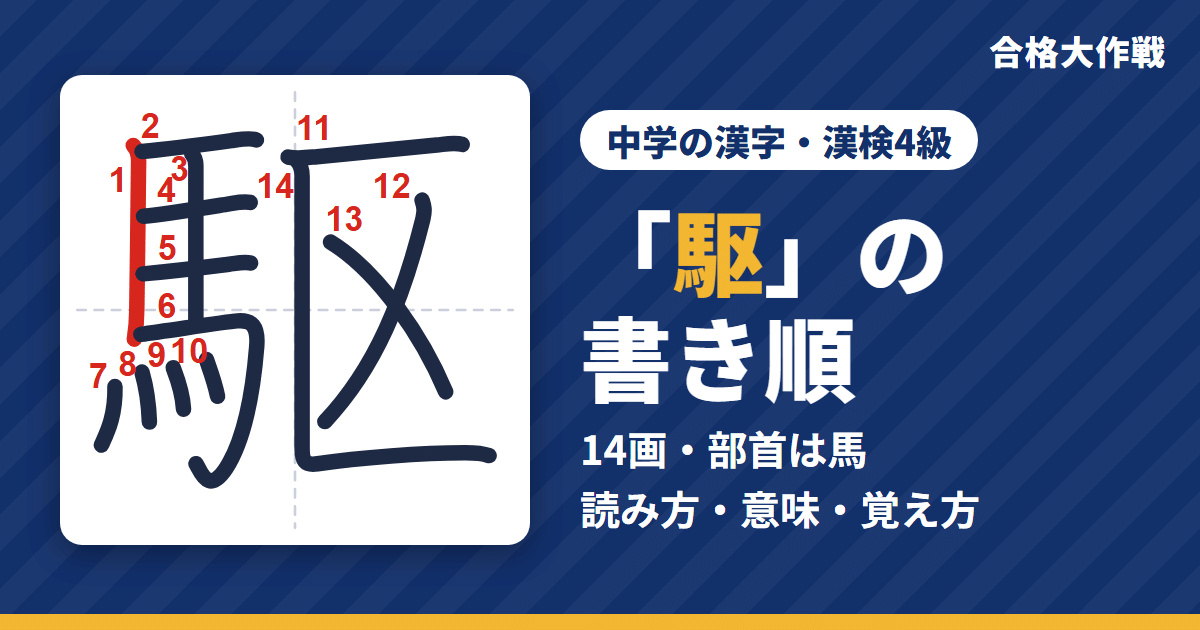 「駆」の書き順(筆順)アニメ|読み方・画数・部首・意味【中学の漢字・漢検4級】