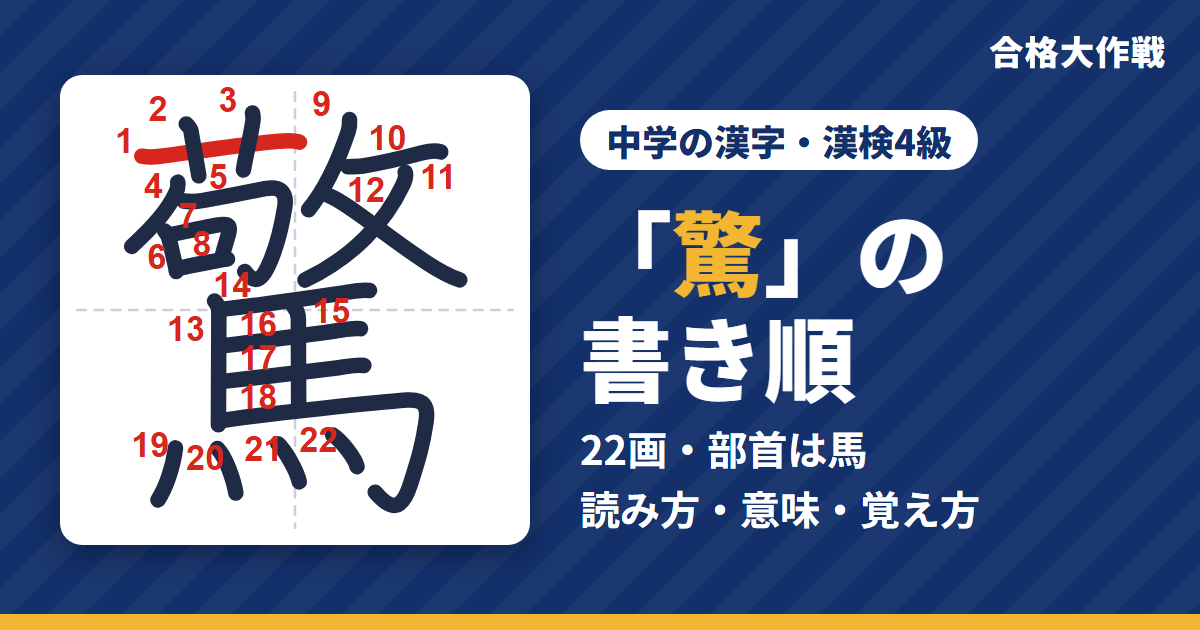 「驚」の書き順(筆順)アニメ|読み方・画数・部首・意味【中学の漢字・漢検4級】