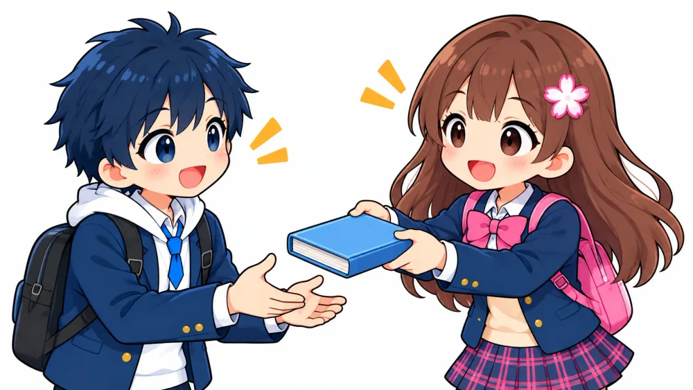 うかるくんがサクラちゃんから本を借りる。うかるくんから見るとborrow、サクラちゃんから見るとlend