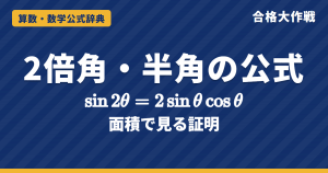 2倍角・半角の公式｜加法定理から導く証明と、面積で見る sin2θ＝2sinθcosθ・次数を下げる公式・cos15°の例題【数学Ⅱ・大学受験】