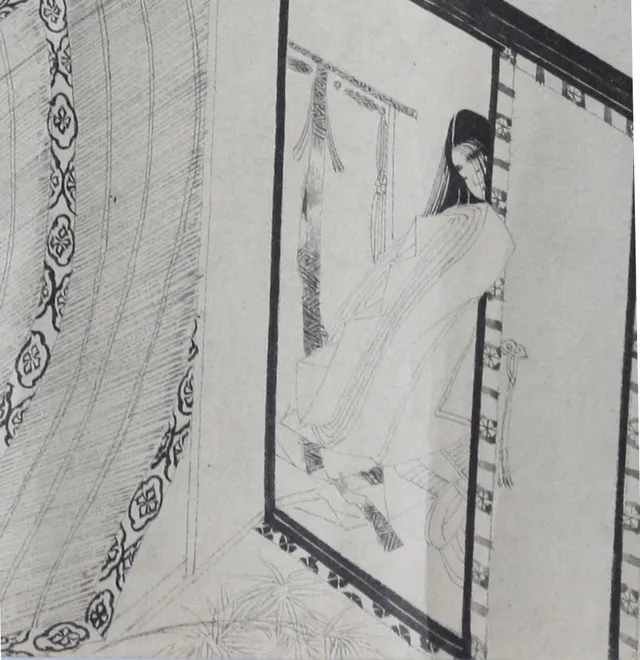 中宮の御殿で、戸のかげにいる女房(『枕草子絵詞』の一部。この段の場面とは限らない)(枕草子の古い絵)