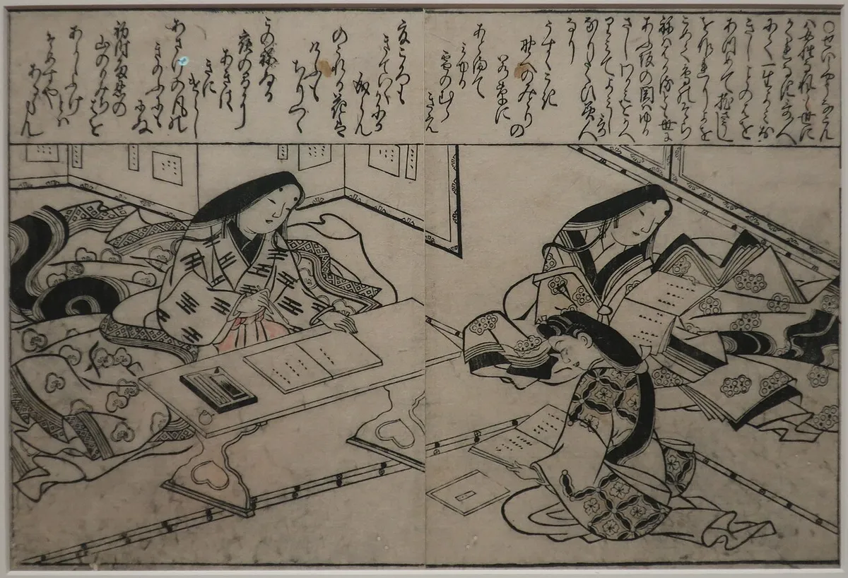 本や草子を広げる清少納言と女房たち（枕草子の古い絵）