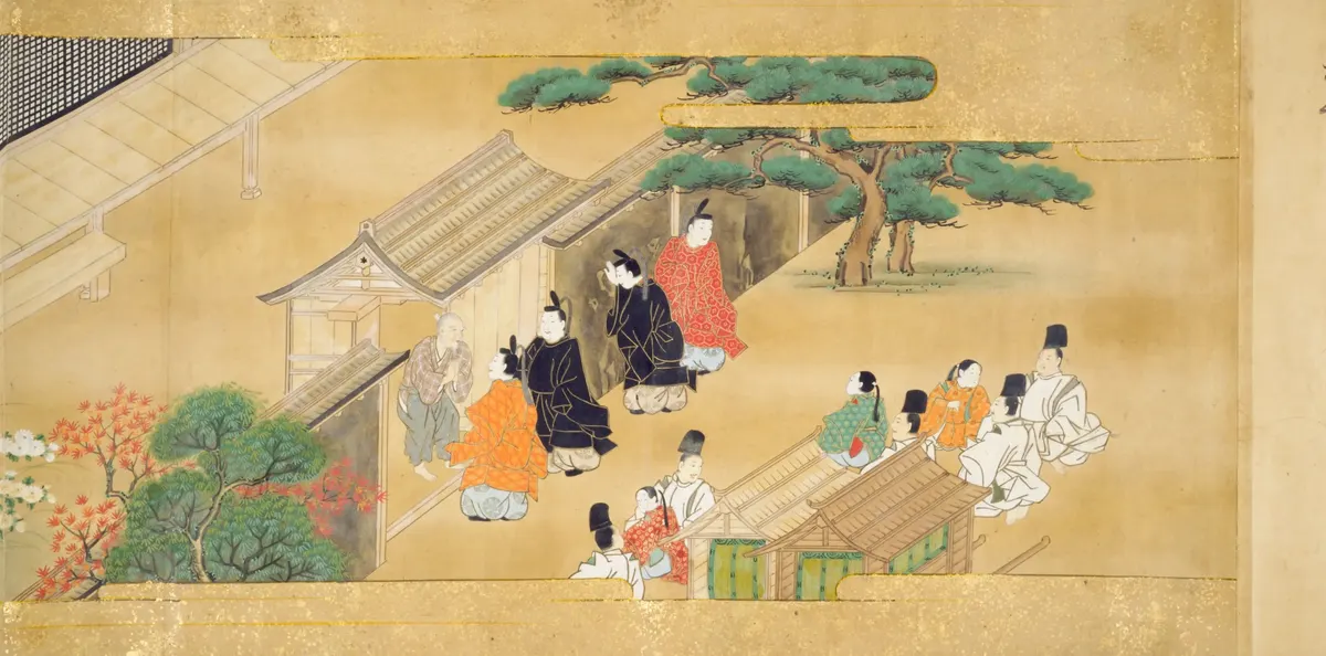 かぐや姫を求めて家に集まる貴公子たちと、応対する翁（竹取物語の古い絵）