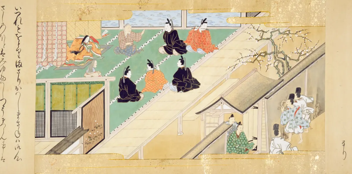 翁が5人の貴公子に、かぐや姫の難題を伝える（竹取物語の古い絵）