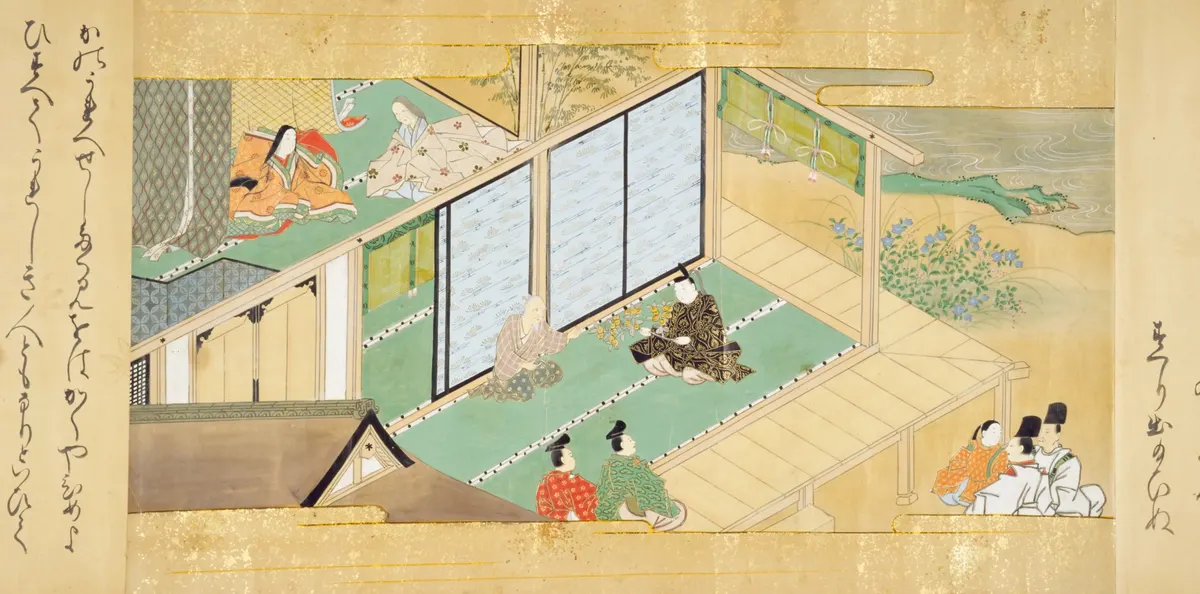 くらもちの皇子が蓬莱の玉の枝を持って来て、翁と話す（竹取物語の古い絵）