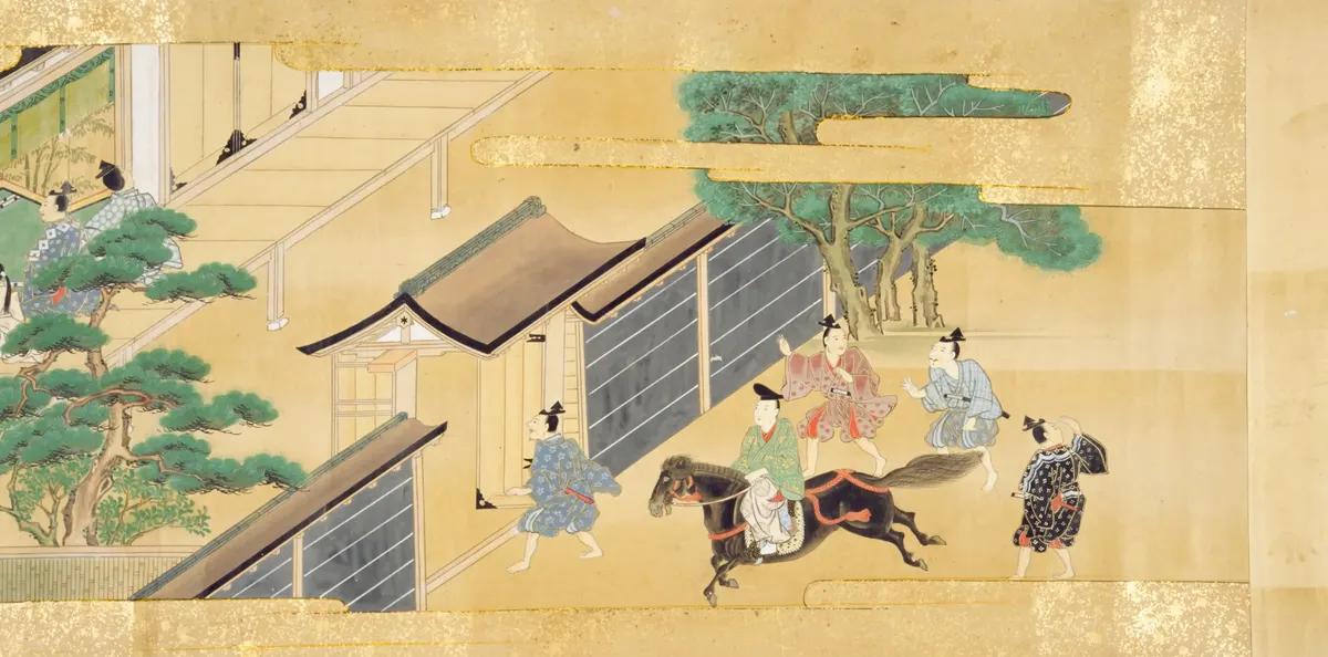 火鼠の皮衣を持って、使いが馬で都へ急ぐ場面と考えられる(竹取物語の古い絵)