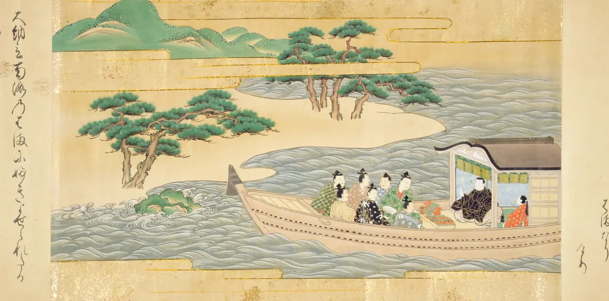 嵐のあと、大納言の船が浜に流れ着く(竹取物語の古い絵)