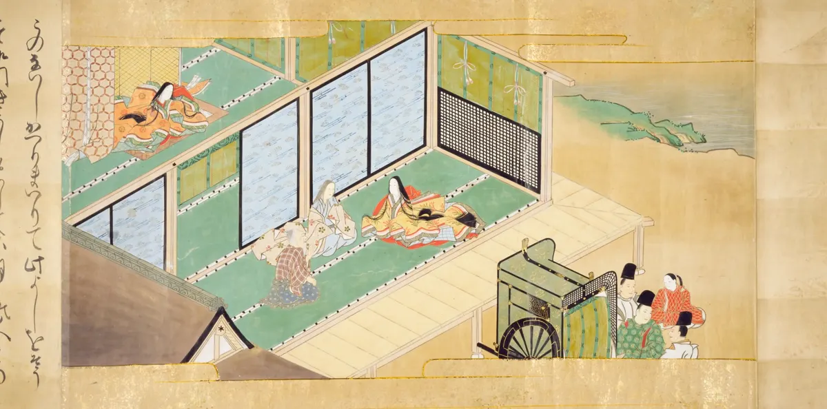 帝の使いが牛車で竹取の家に来る場面と考えられる(竹取物語の古い絵)