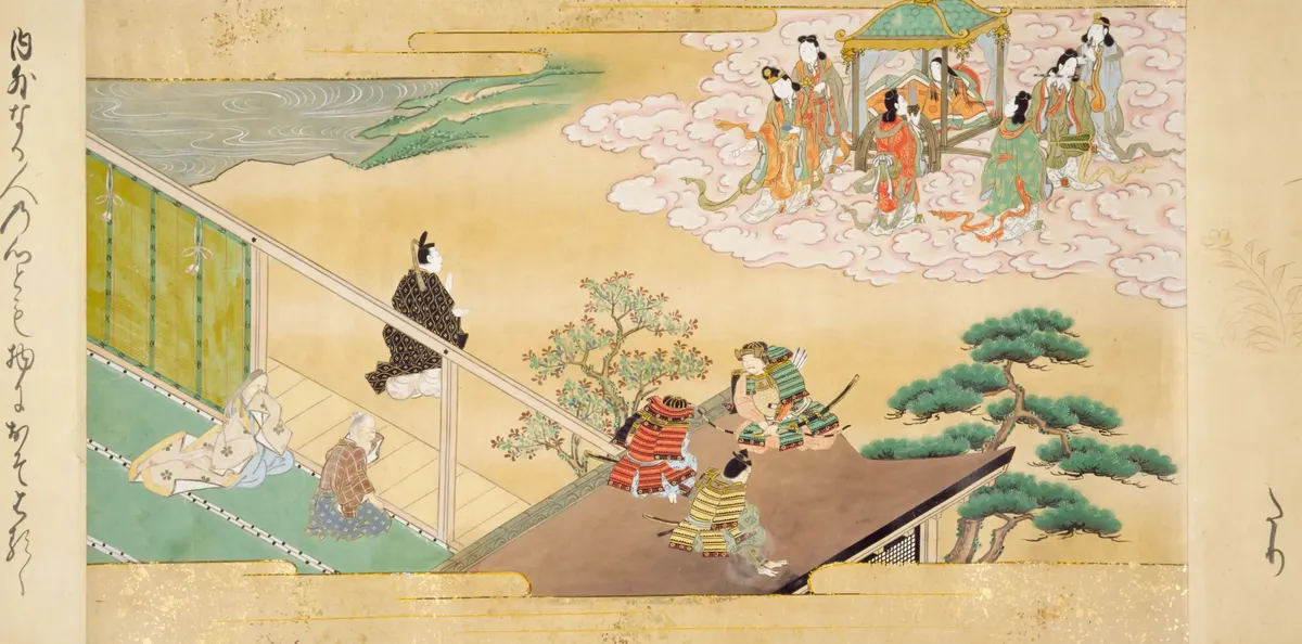 天人たちが飛ぶ車とともに雲に乗って迎えに来る。屋根の上の兵は戦えない(竹取物語の古い絵)