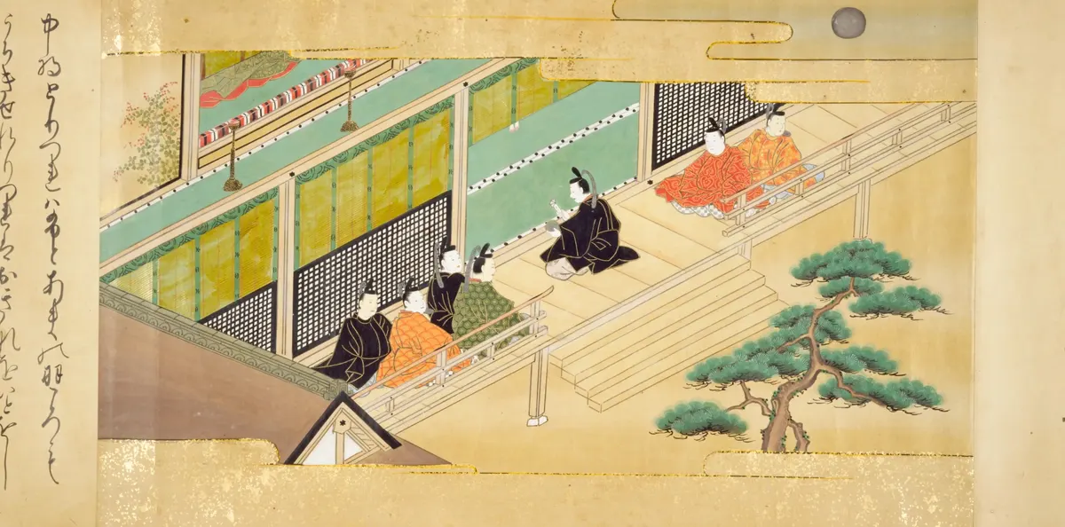 頭中将が帝に、かぐや姫が月へ帰ったことを報告する（竹取物語の古い絵）