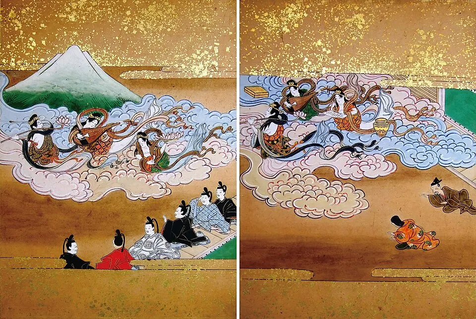 かぐや姫を迎える天人たちと、その向こうの富士山（竹取物語の古い絵）