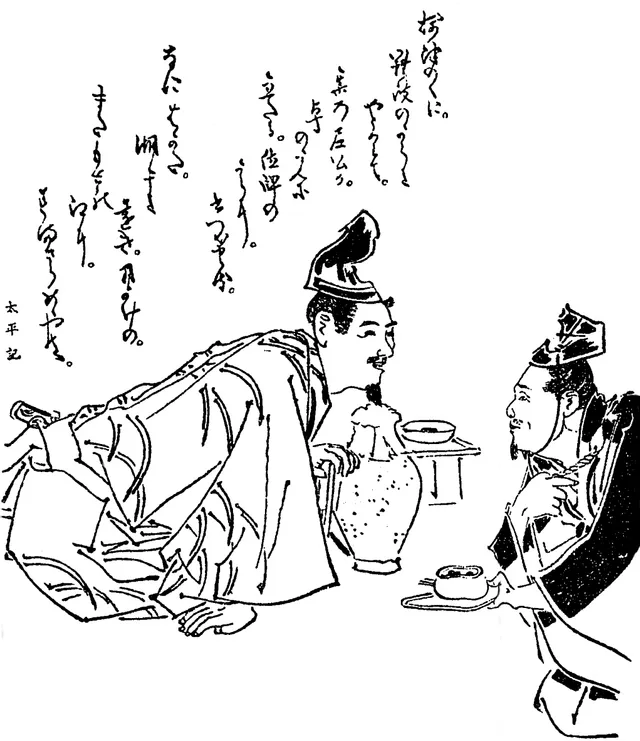 味噌をさかなに酒をくみかわす北条時頼と大仏宣時(徒然草の古い絵)