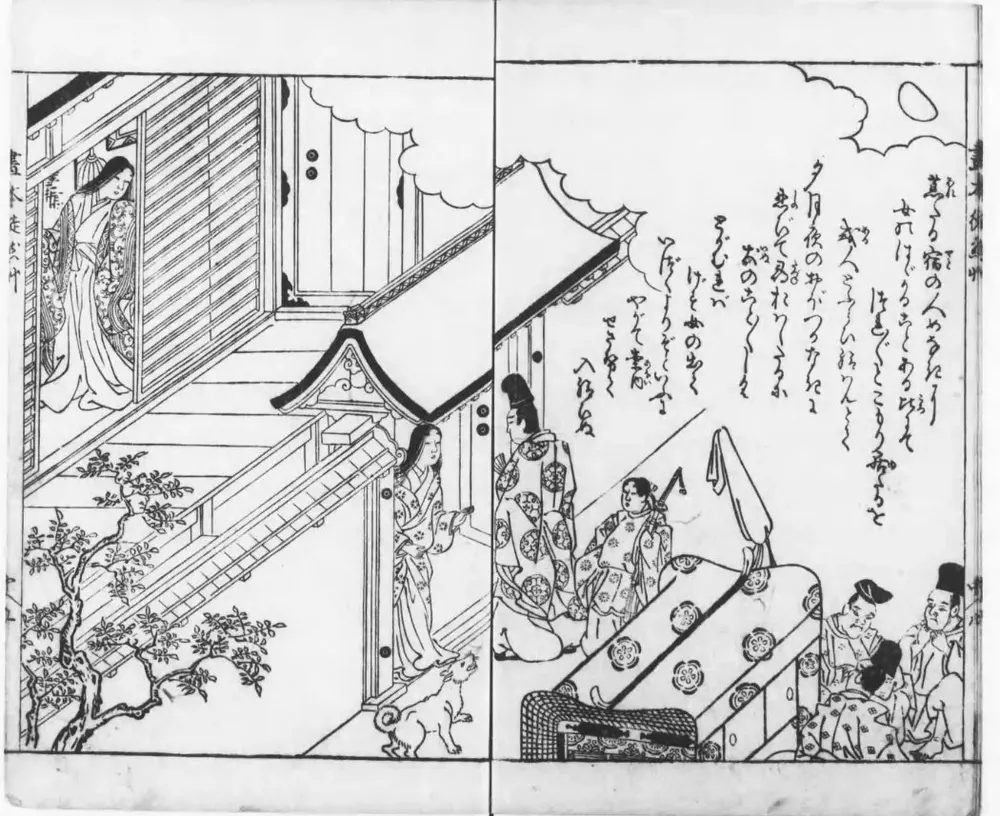 荒れた家に住む女性のもとを、男性がたずねる(徒然草の古い絵)