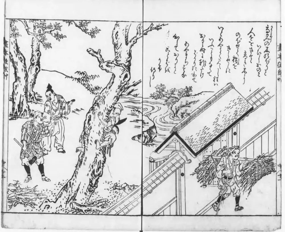 高い木に登って枝を切る男と、下で声をかける名人（徒然草の古い絵）