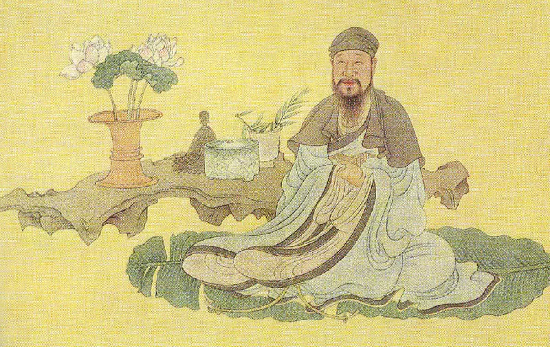 大きな芭蕉の葉の上にすわる白い衣の人物と、そばの台に置かれたハスの花や器