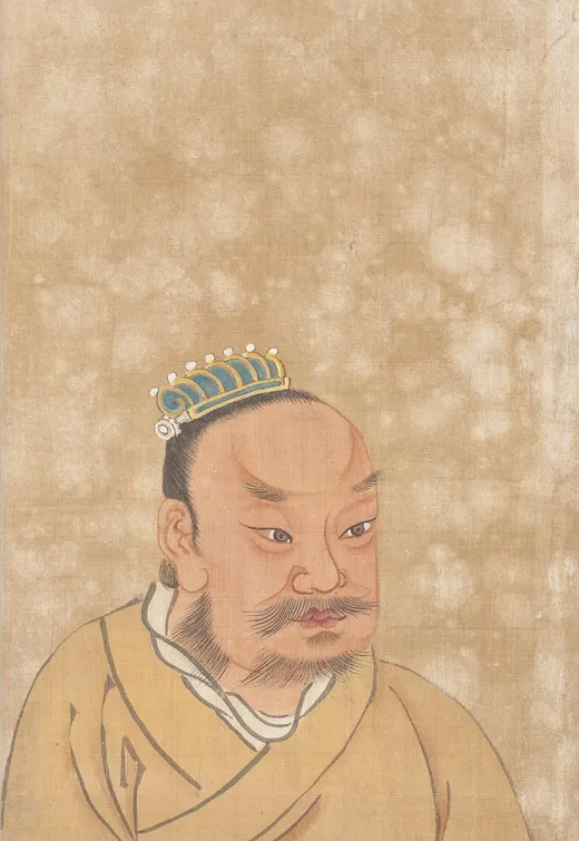 冠をかぶり、ひげをたくわえた武将の上半身を描いた肖像画