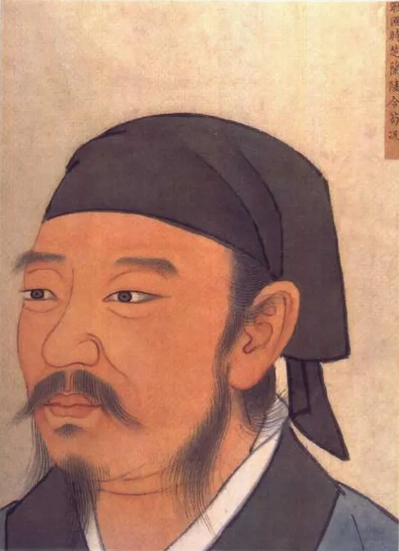 冠と長い衣をつけ、手を前に組んで立つ荀子を描いた中国の人物画